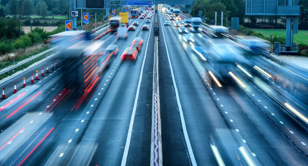 Busy UK motorway traffic in motion