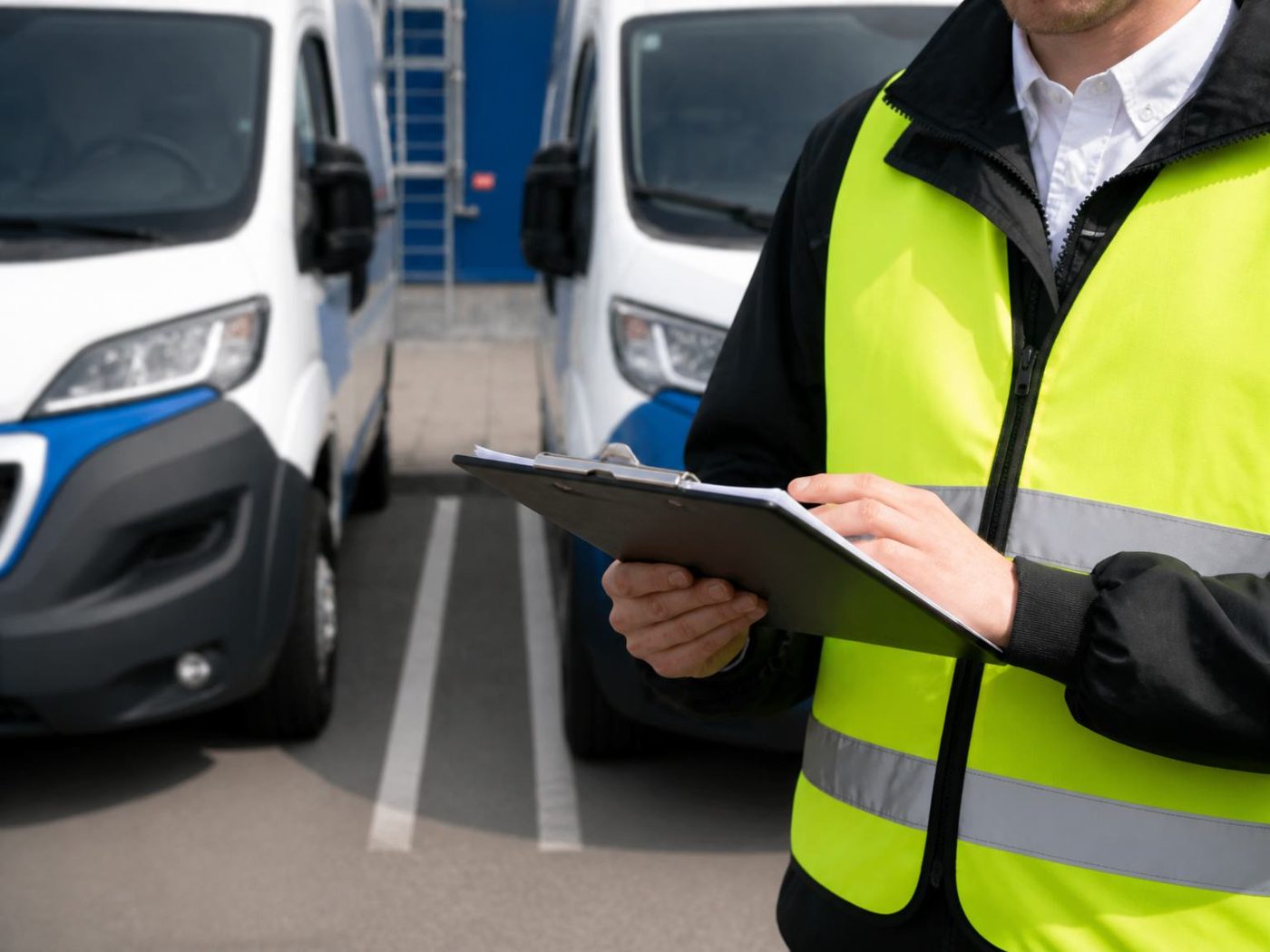 Fleet compliance inspection with clipboard beside parked vans