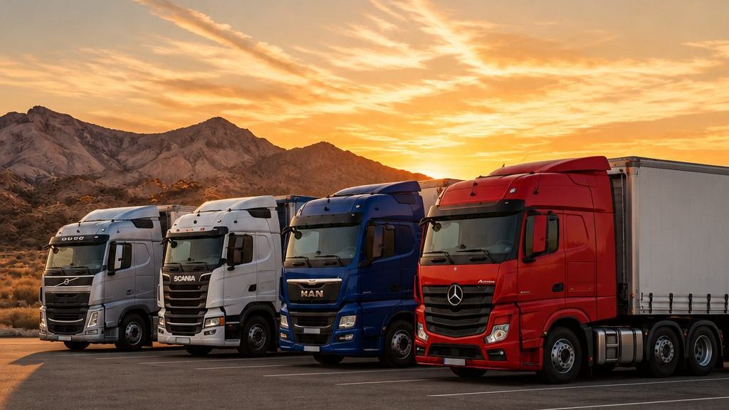Row of HGV tractor units parked at sunset
