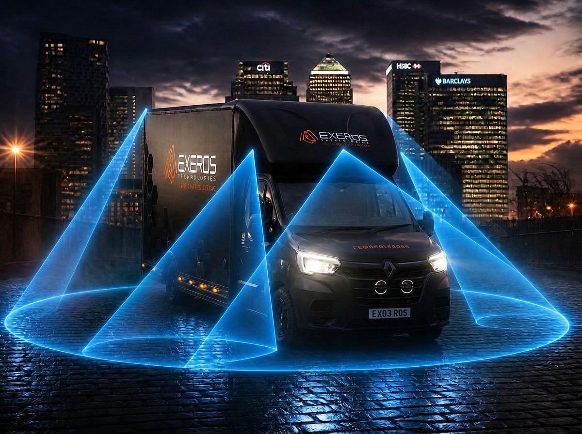 Exeros van with AI camera detection zones shown around the vehicle