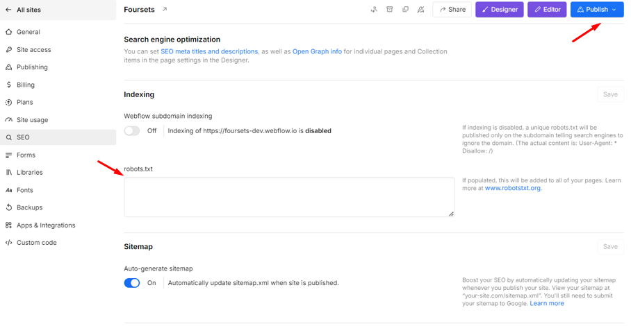 publishing a sitemap in webflow