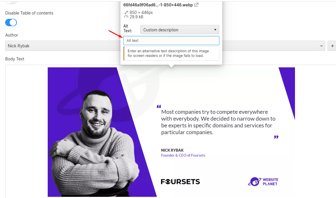 alt text field in webflow
