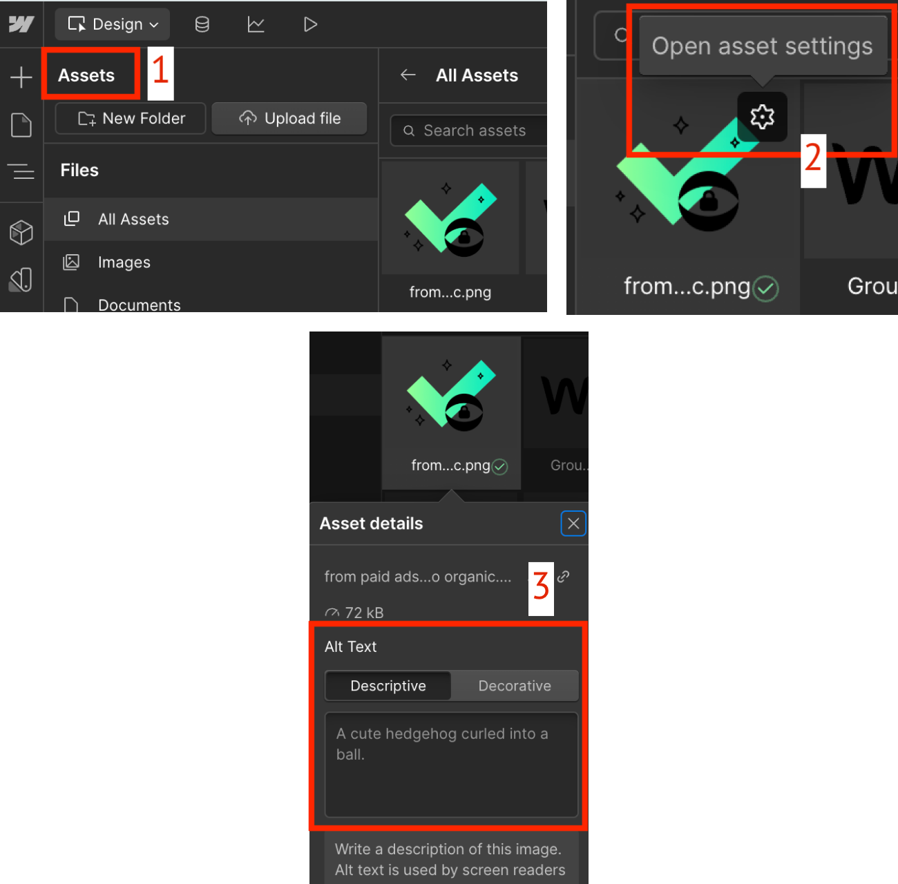 Alt text adding in the Webflow Designer panel