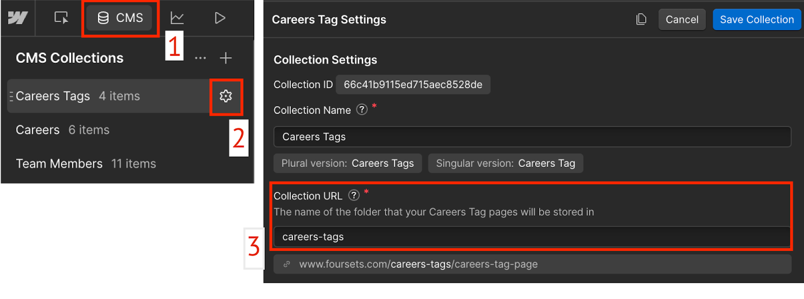 adding a CMS collection URL in Webflow