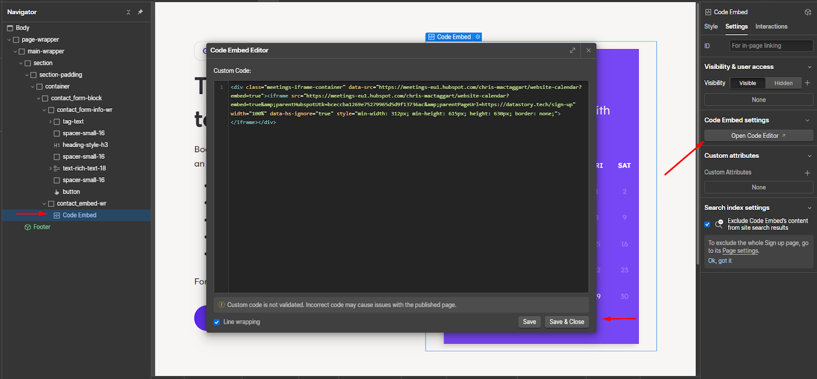 Calendly embed code in Webflow