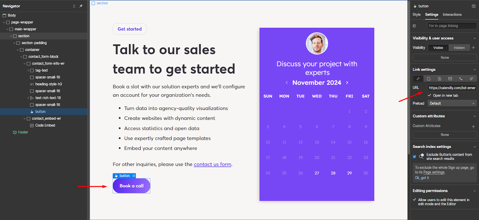 Screenshot of Webflow Calendly integration