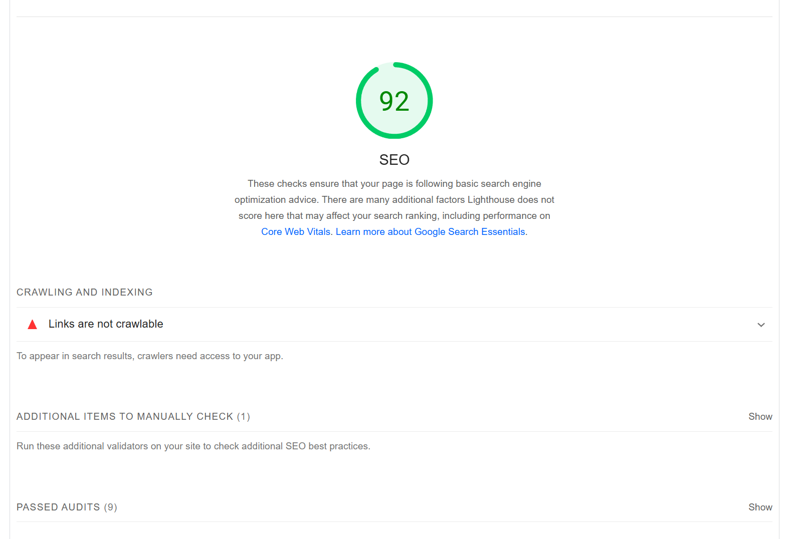 SEO score in the Core Web Vitals report