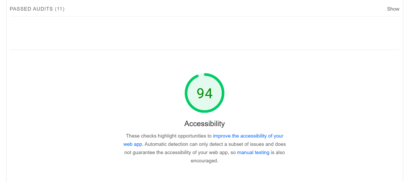 Accessibility score in the Core Web Vitals report