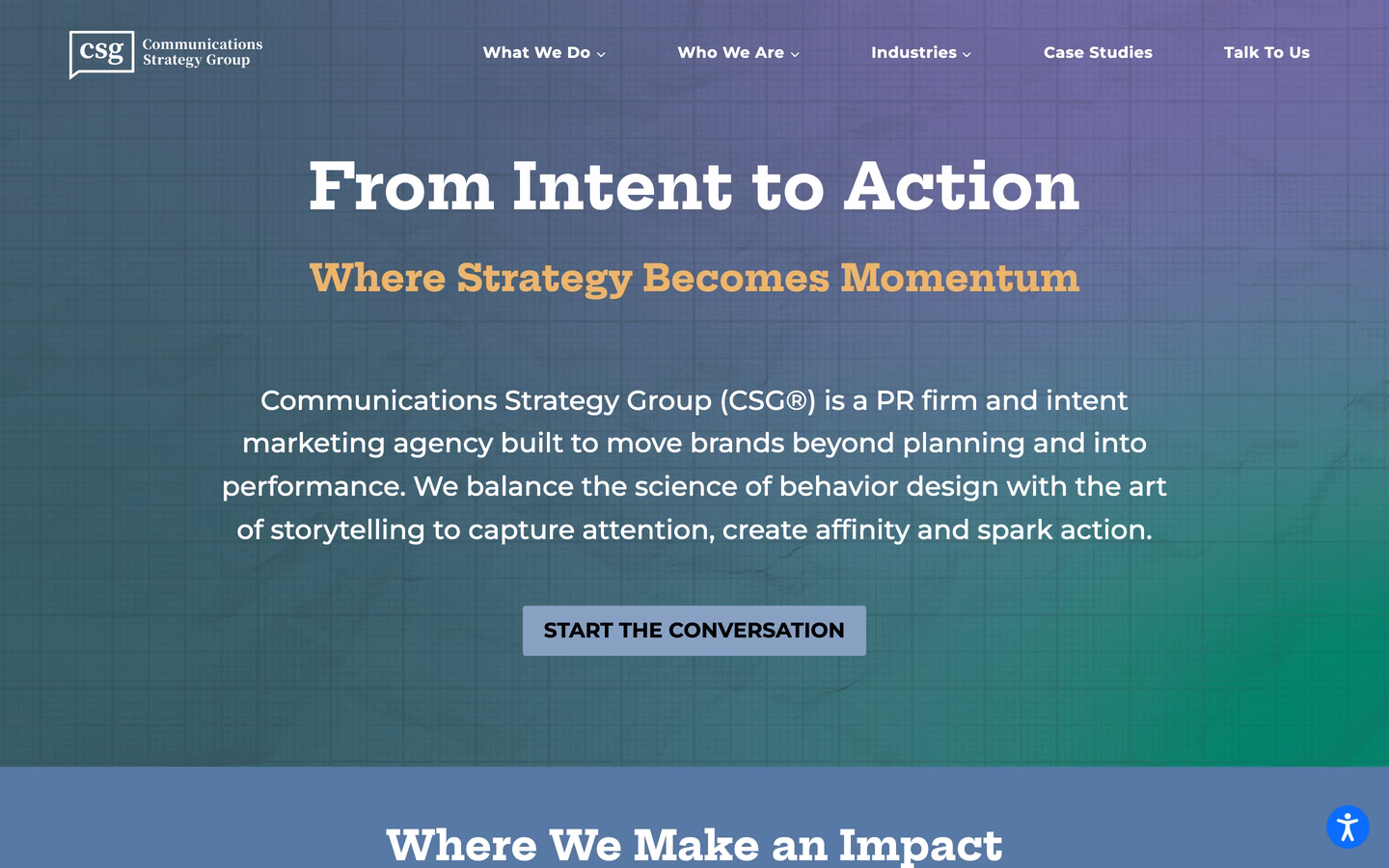 Screenshot of the CSGⓇ (Communications Strategy Group) homepage, captured October 2026.