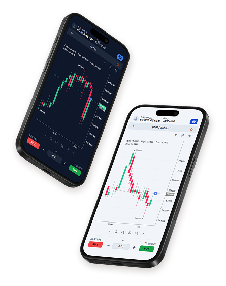 Two phones displaying a trading platform