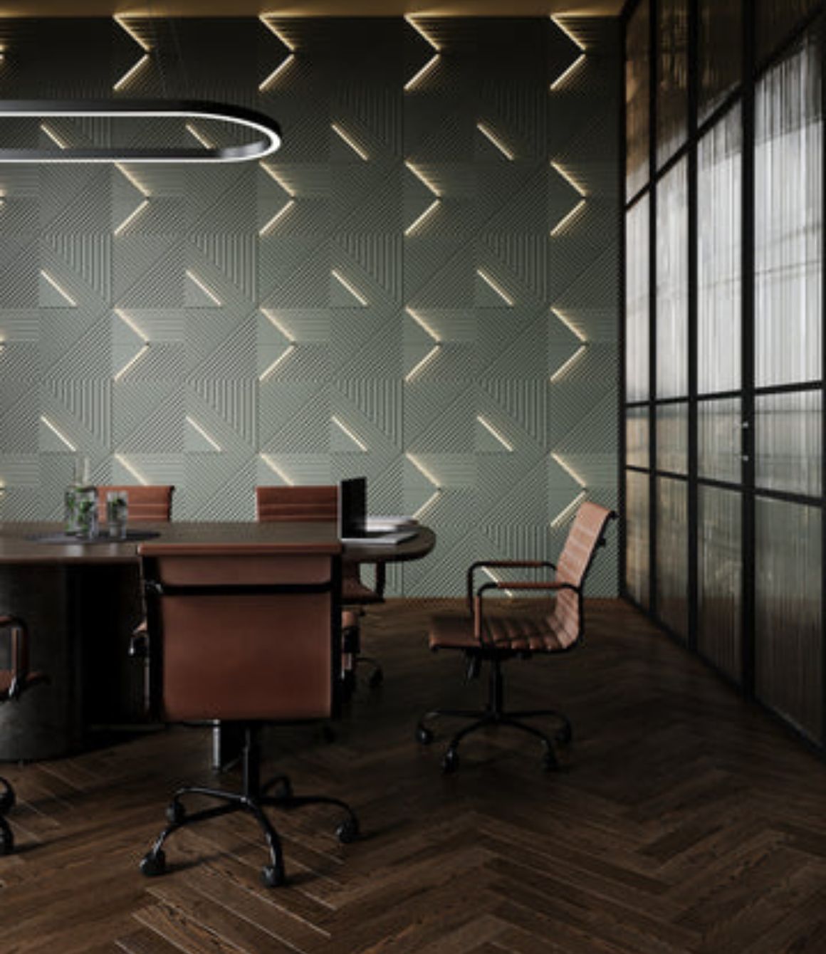 Modern office with brown swivel chairs, a wooden table, geometric lighted wall, and glass partitions.