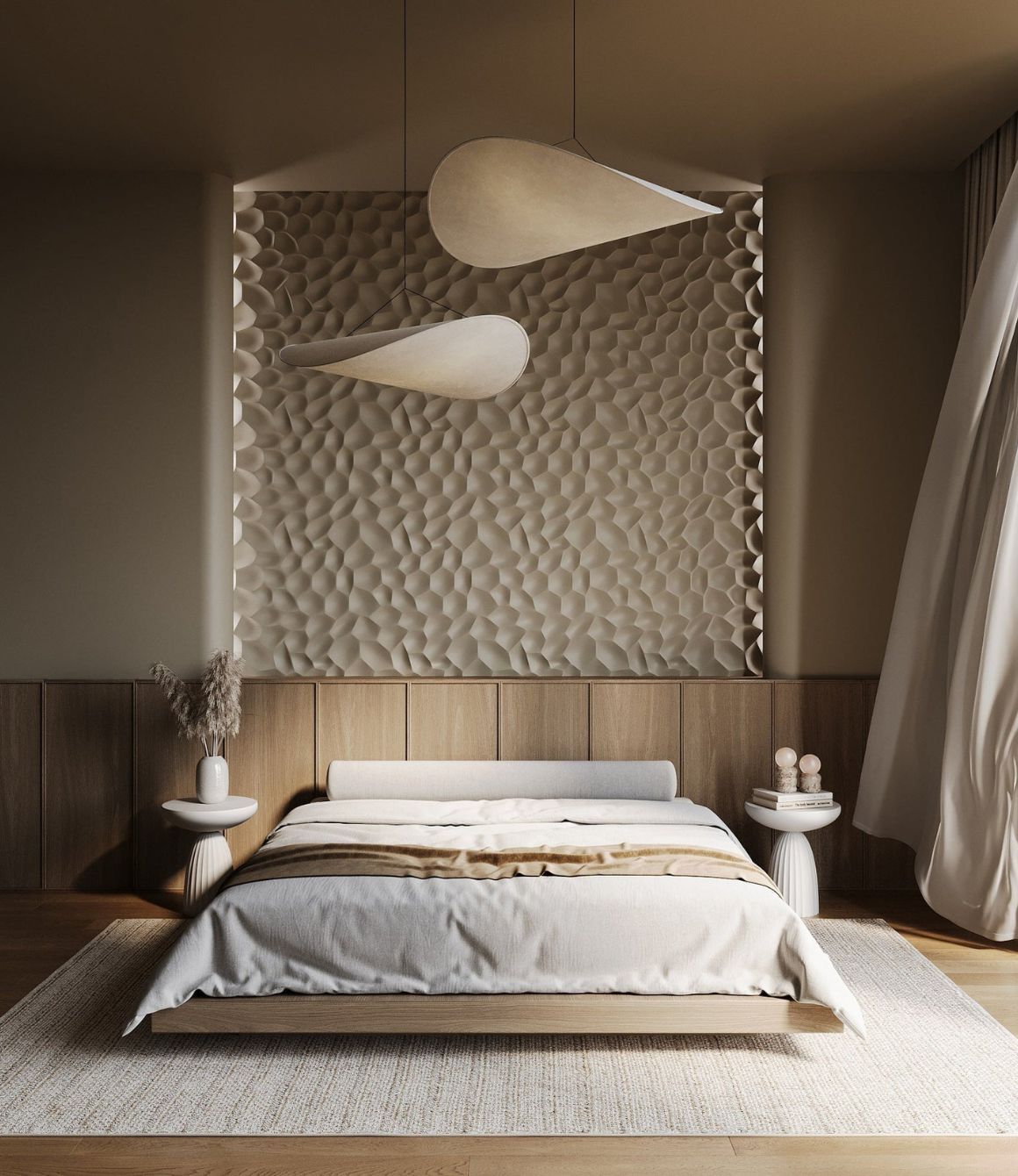 Modern bedroom with textured wall, beige bedding, wood paneling, two pendant lights, and side tables