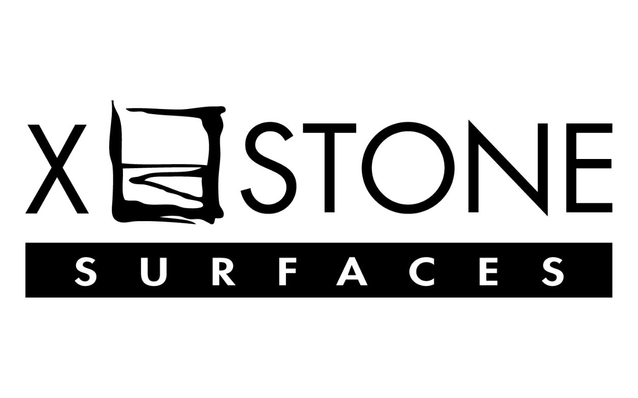 Black and white logo for XStone Surfaces with stylized stone design in the letter O.