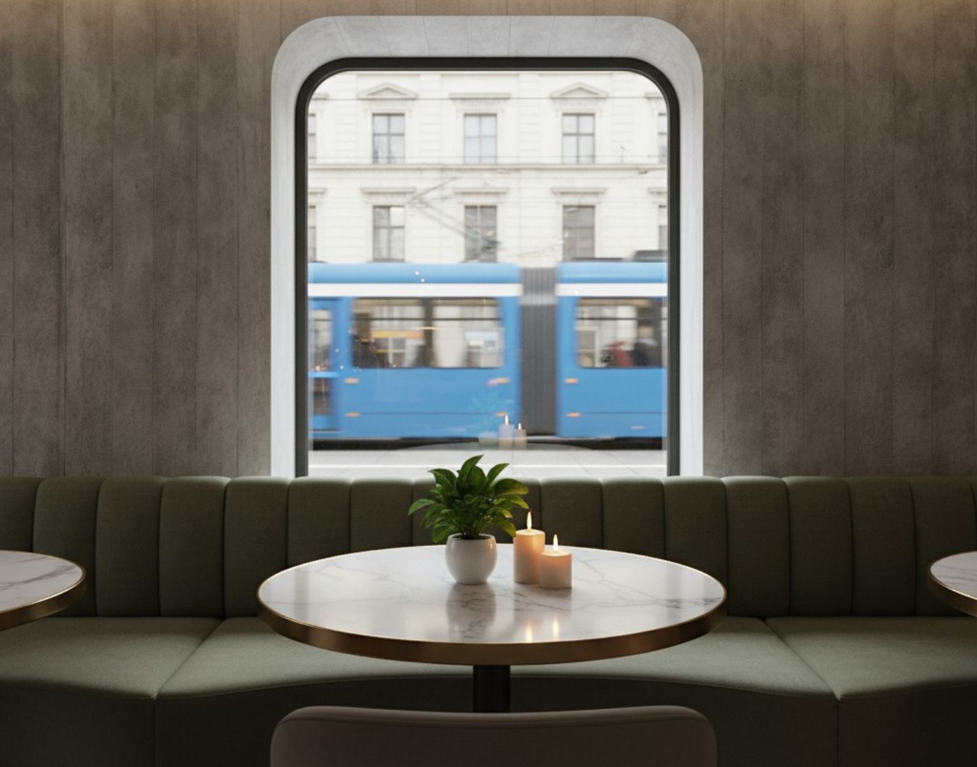 Cafe seating with green bench, round marble table, candles, plant, and blurred blue tram outside window.
