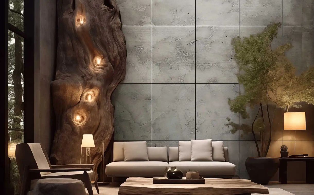 Modern living room with beige sofa, wooden coffee table, sculpted wood wall light, armchair, and plants.