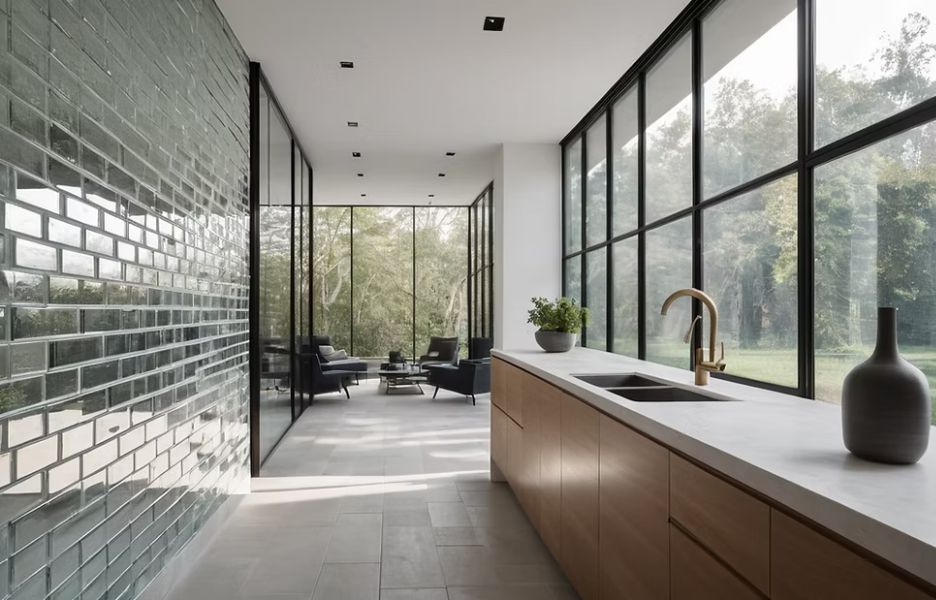Modern kitchen with wooden cabinets, large windows, and a seating area with black chairs and coffee table.