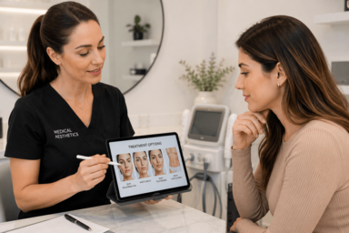 Medical aesthetics provider consulting with a patient about treatment options in Chicago