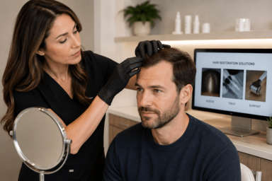 Hair restoration consultation with a medical provider examining a patient's scalp and discussing personalized treatment options in Chicago, Illinois.