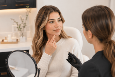 Provider discussing healthy aging strategies with a patient, comparing preventive skincare and corrective aesthetic treatments in Chicago, Illinois.