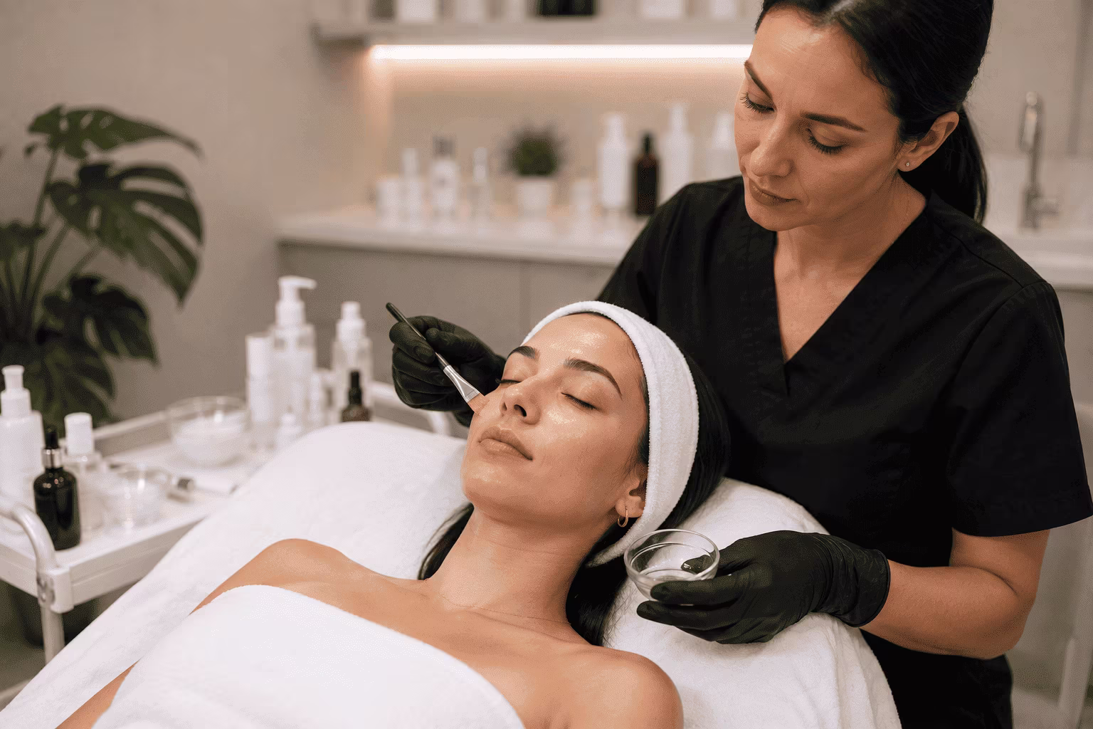 Woman receiving a chemical peel treatment for dull, uneven skin at a med spa in Chicago, Illinois