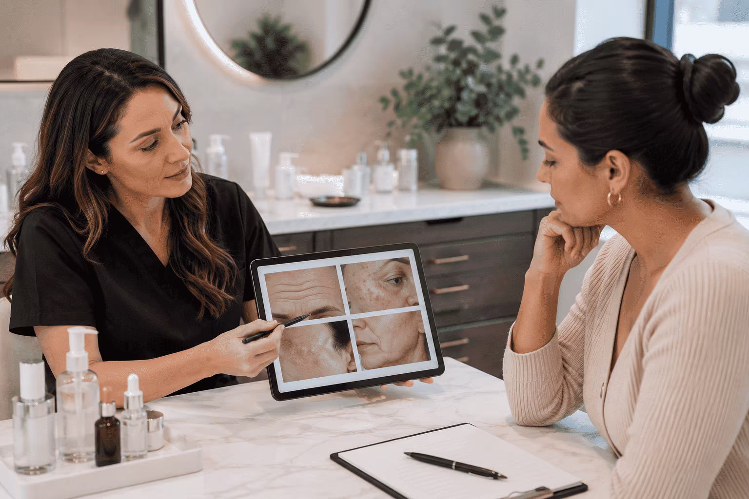 Provider examining a patient's skin during a consultation at an aesthetic clinic in Chicago