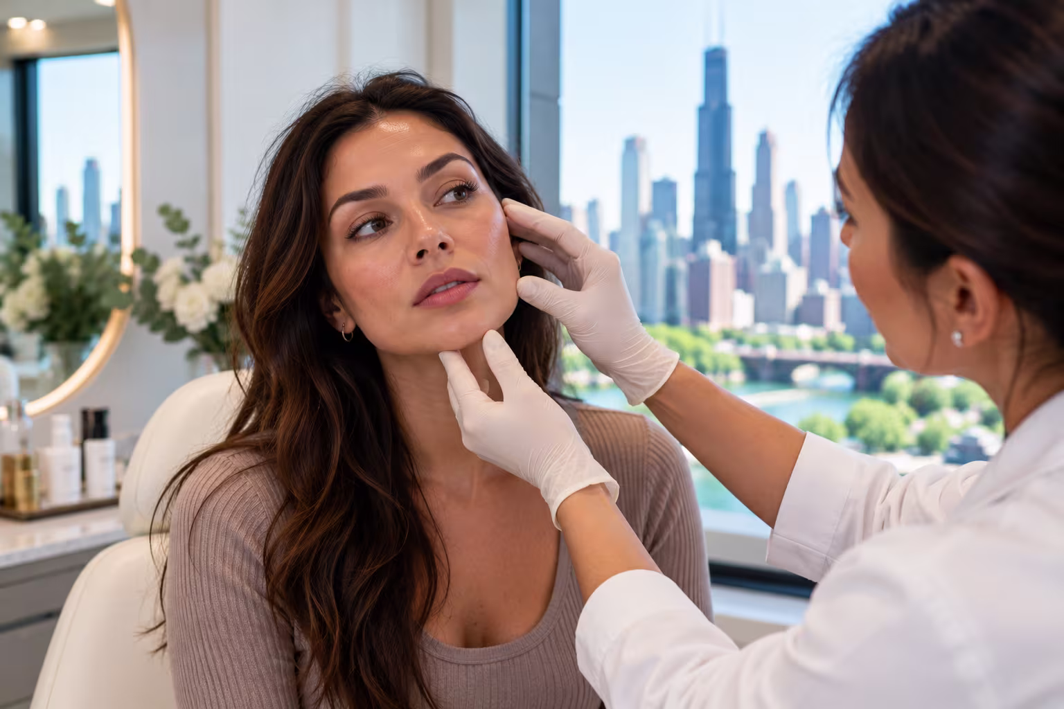Provider injecting dermal filler into a client's cheek at a Chicago, Illinois medical spa