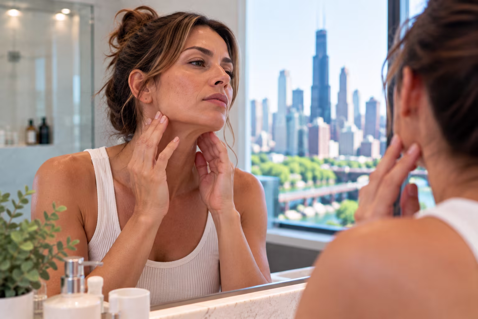 Provider performing laser skin tightening treatment on a client in Chicago, Illinois