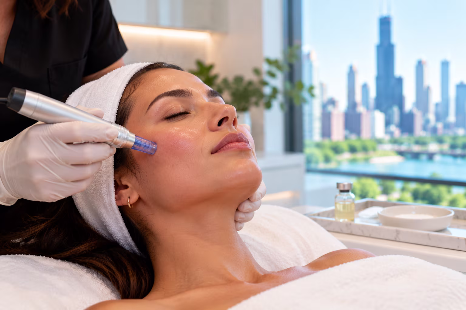 Provider performing a regenerative microneedling treatment with exosome therapy to support skin rejuvenation and post-procedure recovery in Chicago, Illinois.