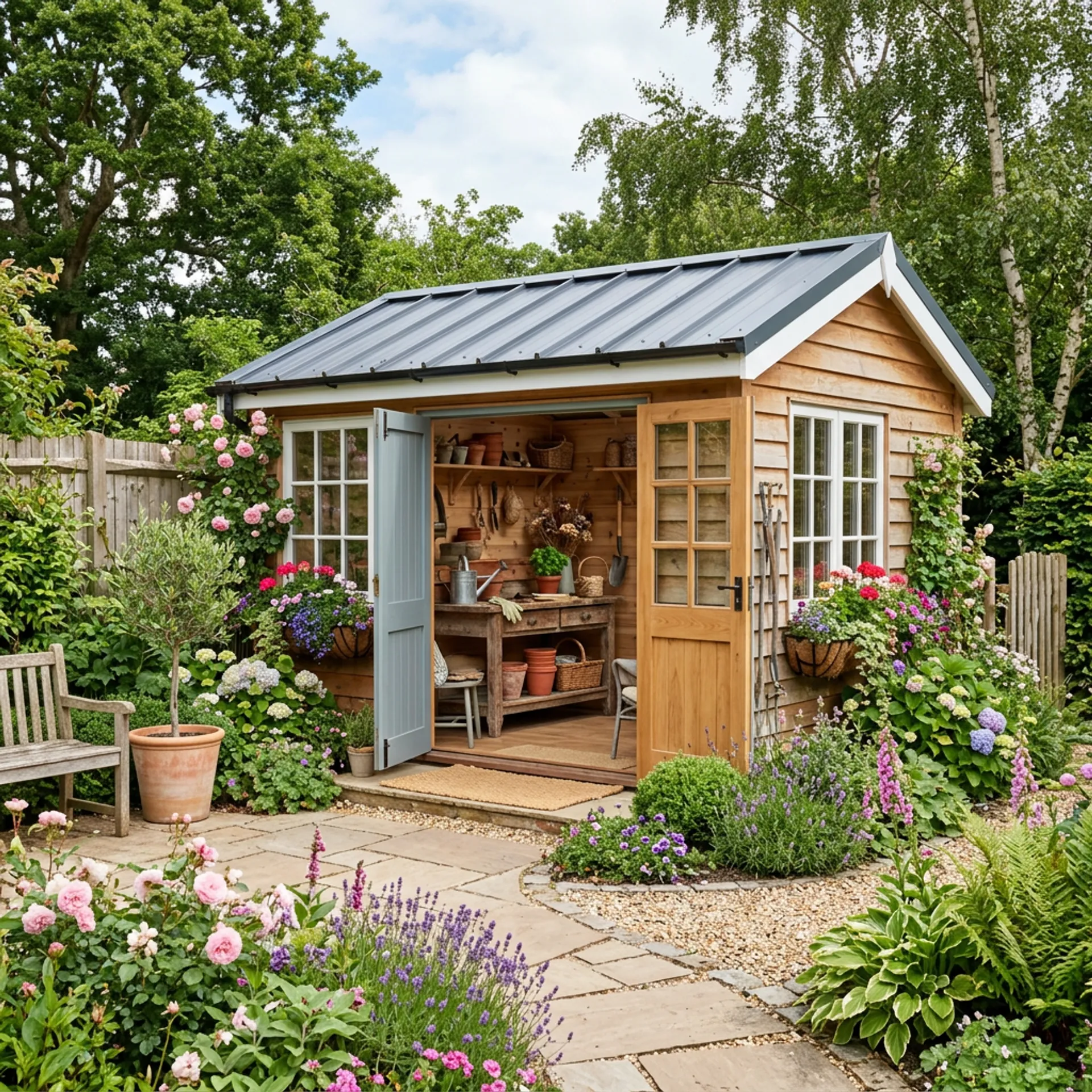 Custom-built garden shed with greenhouse and pergola in a Colorado backyard