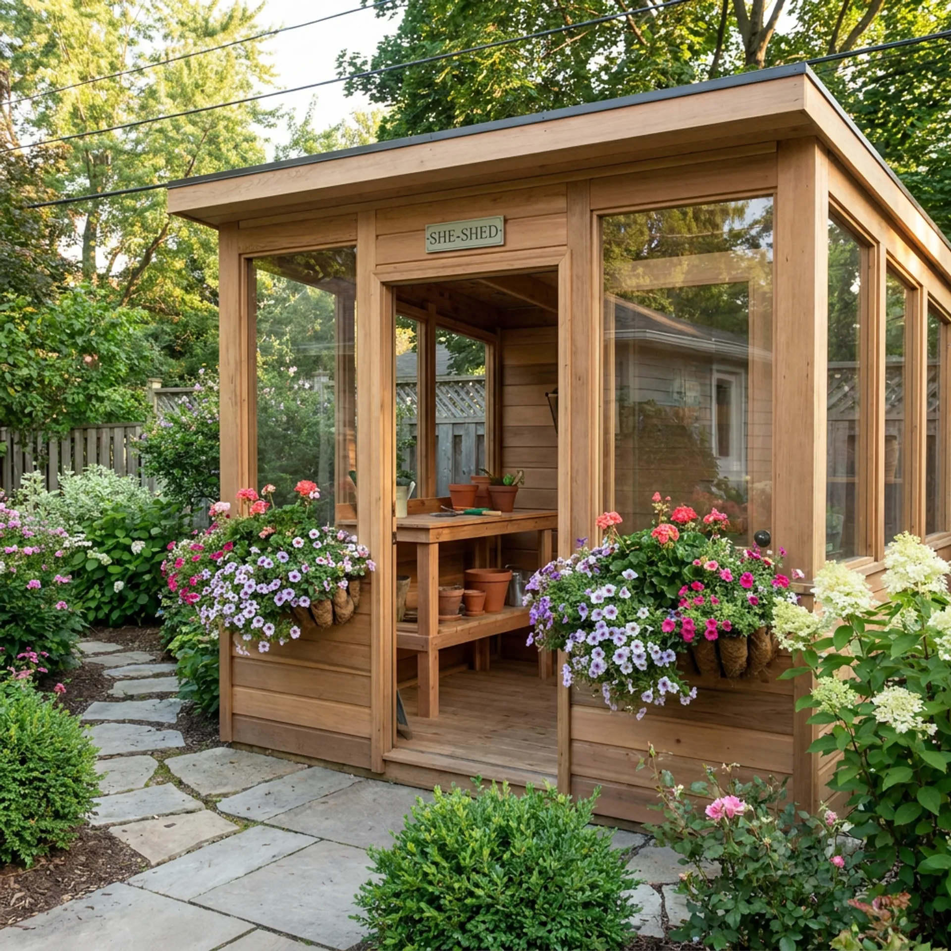 Panorama crew finishing a custom shed build in a Colorado yard