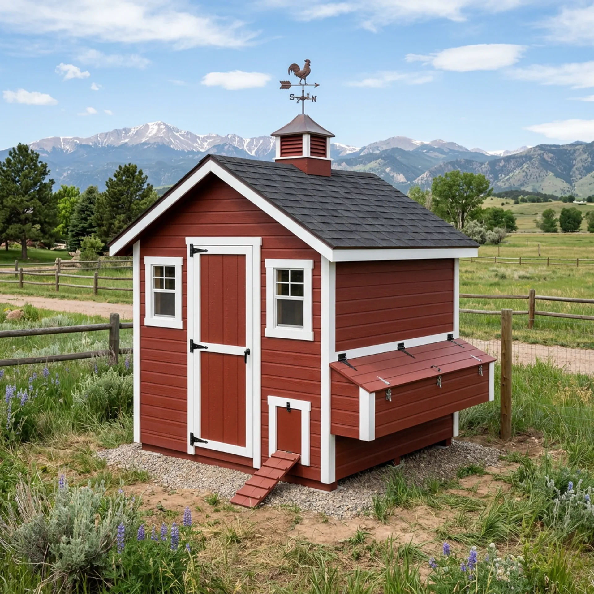 Custom chicken coop with cedar base, hardware cloth, and metal roof
