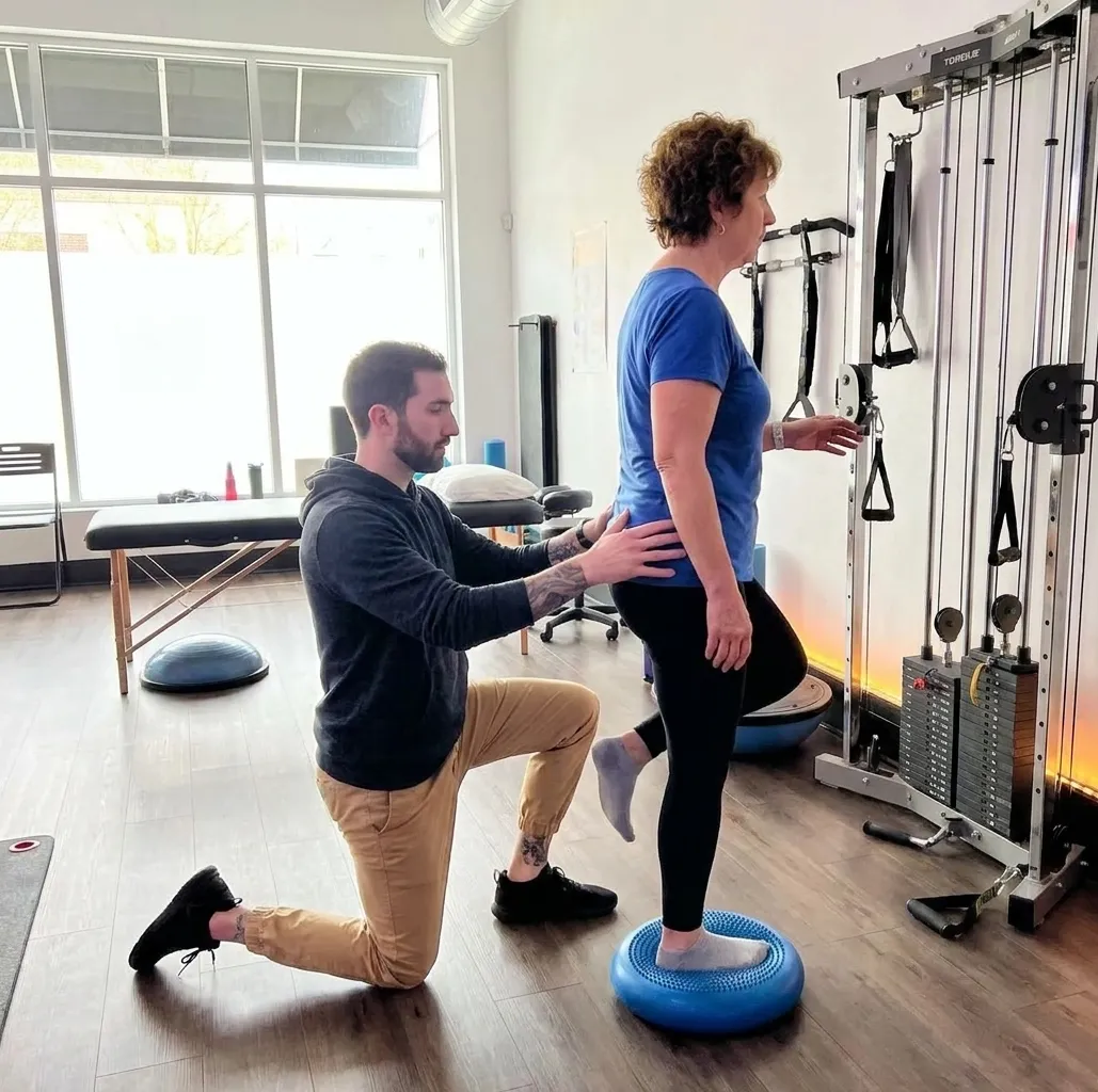 Patient working with a provider at a performance physical therapy clinic in East Hartford, CT during a functional movement assessment