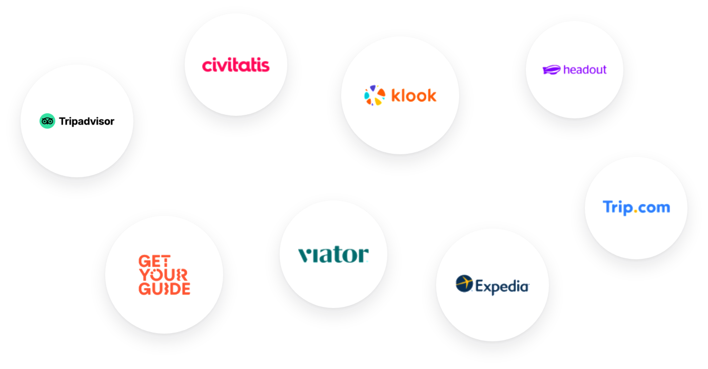Logos of Tripadvisor, Civitatis, Klook, Headout, Trip.com, GetYourGuide, Viator and Expedia