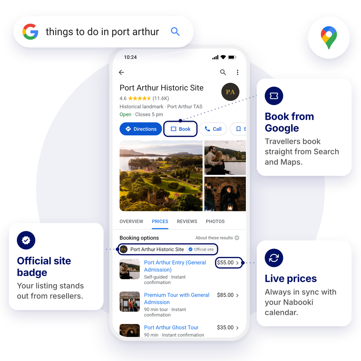 A Google search for things to do, showing a listing with a Book button, an Official site badge and live prices from Nabooki