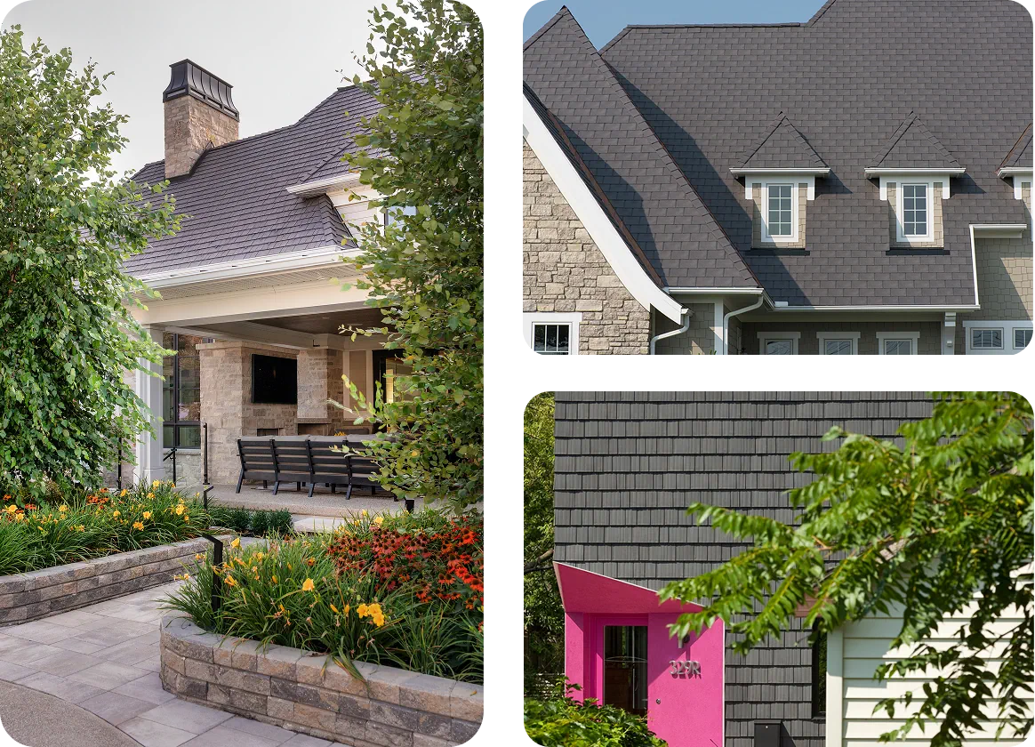 Three project photos showing a covered patio, a gabled roof with dormers and dark shake-style wall cladding.