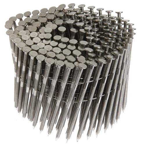 Coil of collated ring-shank roofing nails.