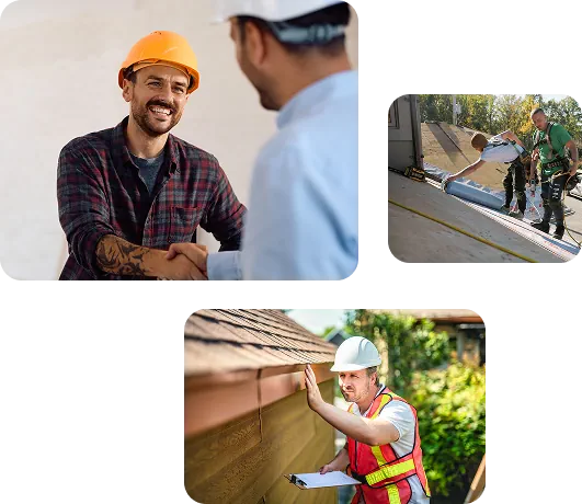 Enviroshake contractors shaking hands, installing underlayment and inspecting a roof