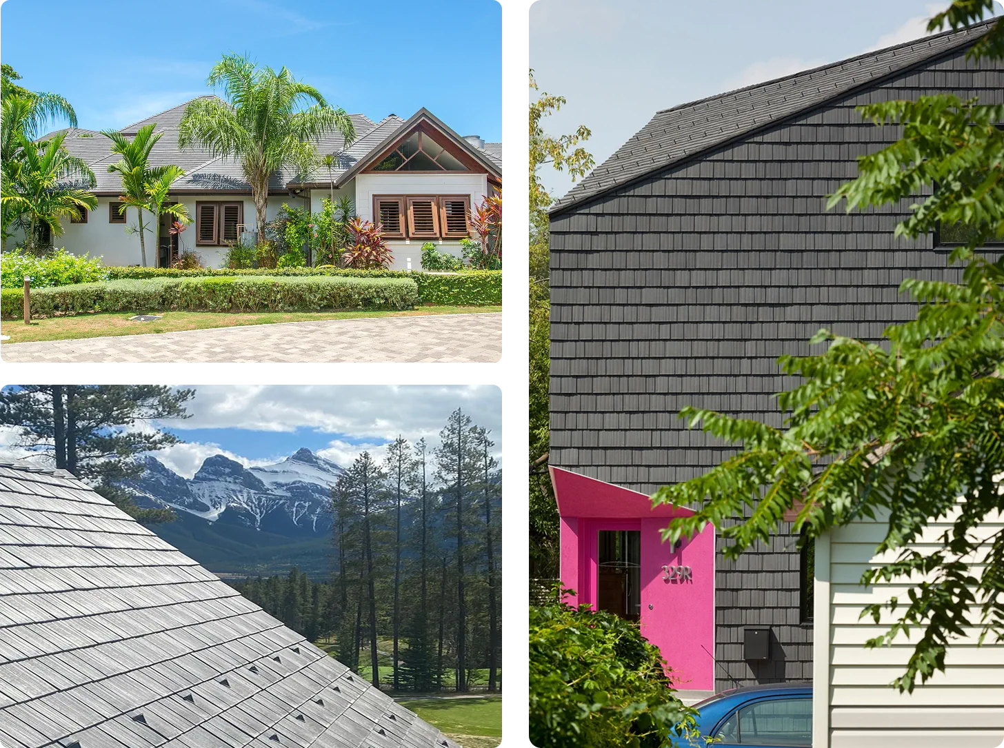 Three project photos showing a tropical home, a mountain roof with snow guards and dark shake-style wall cladding.