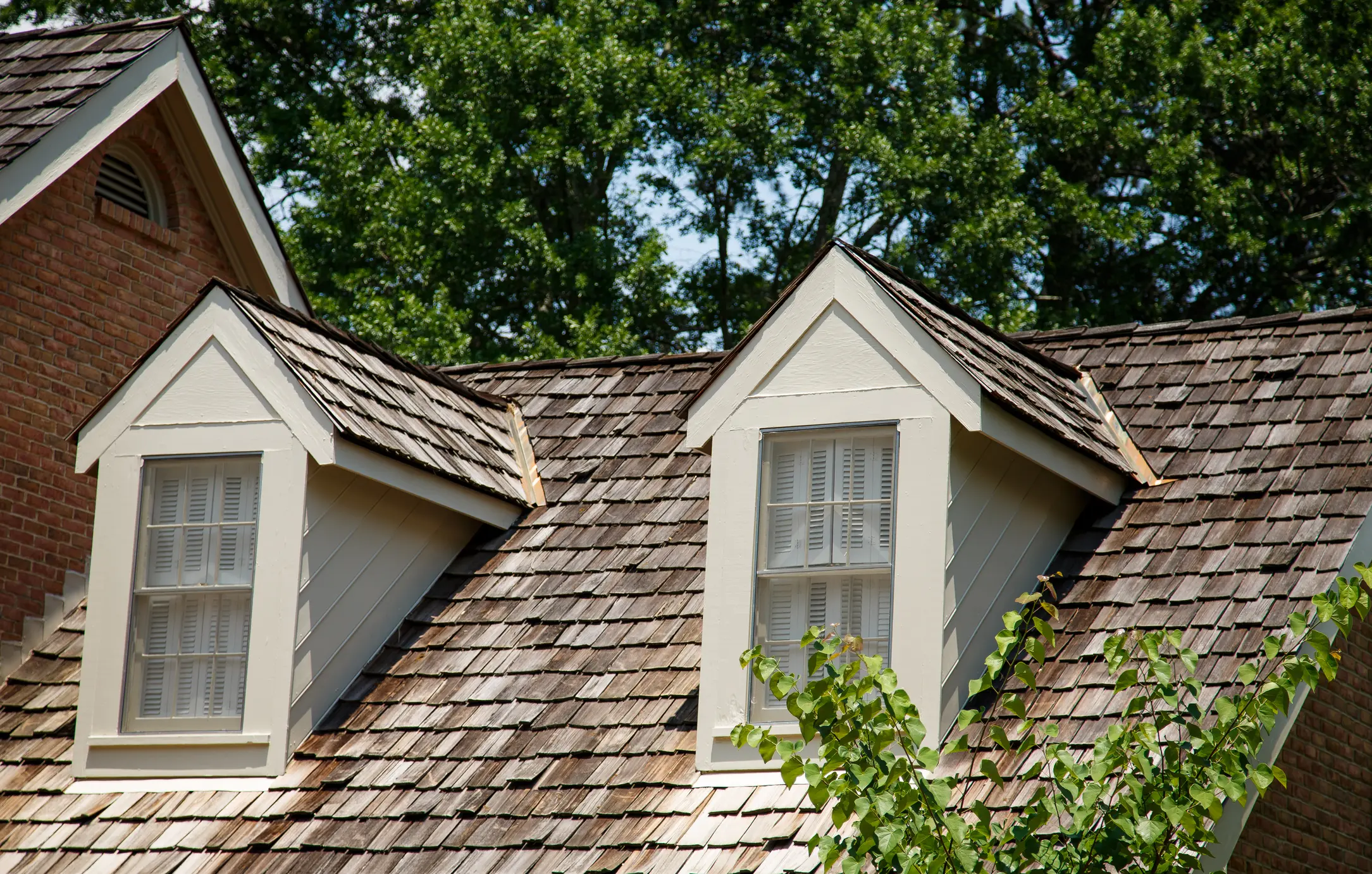 Weathered wood shake roof with two white dormers and uneven, curling shakes.