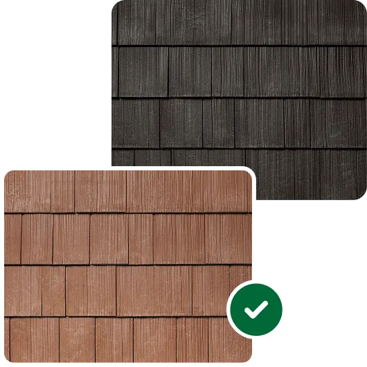 Dark grey and warm brown shake-style roofing samples showing their wood-grain texture.