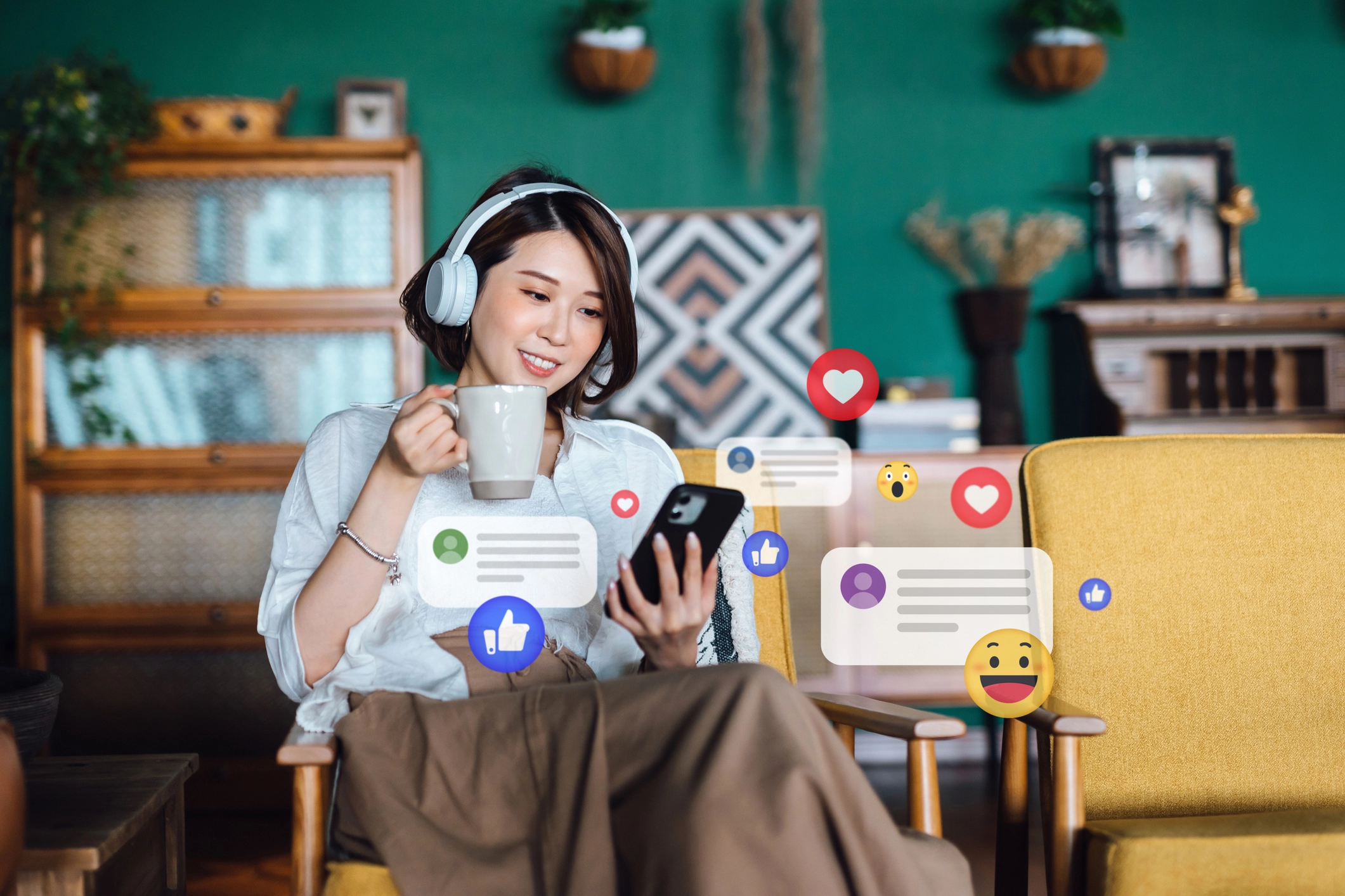 Woman on a sofa using her phone with social media reaction icons around her