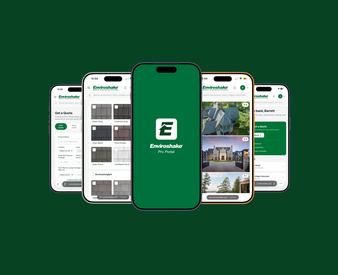 Enviroshake Pro Portal displayed on five phones, showing roofing colours, project photos and quote tools.