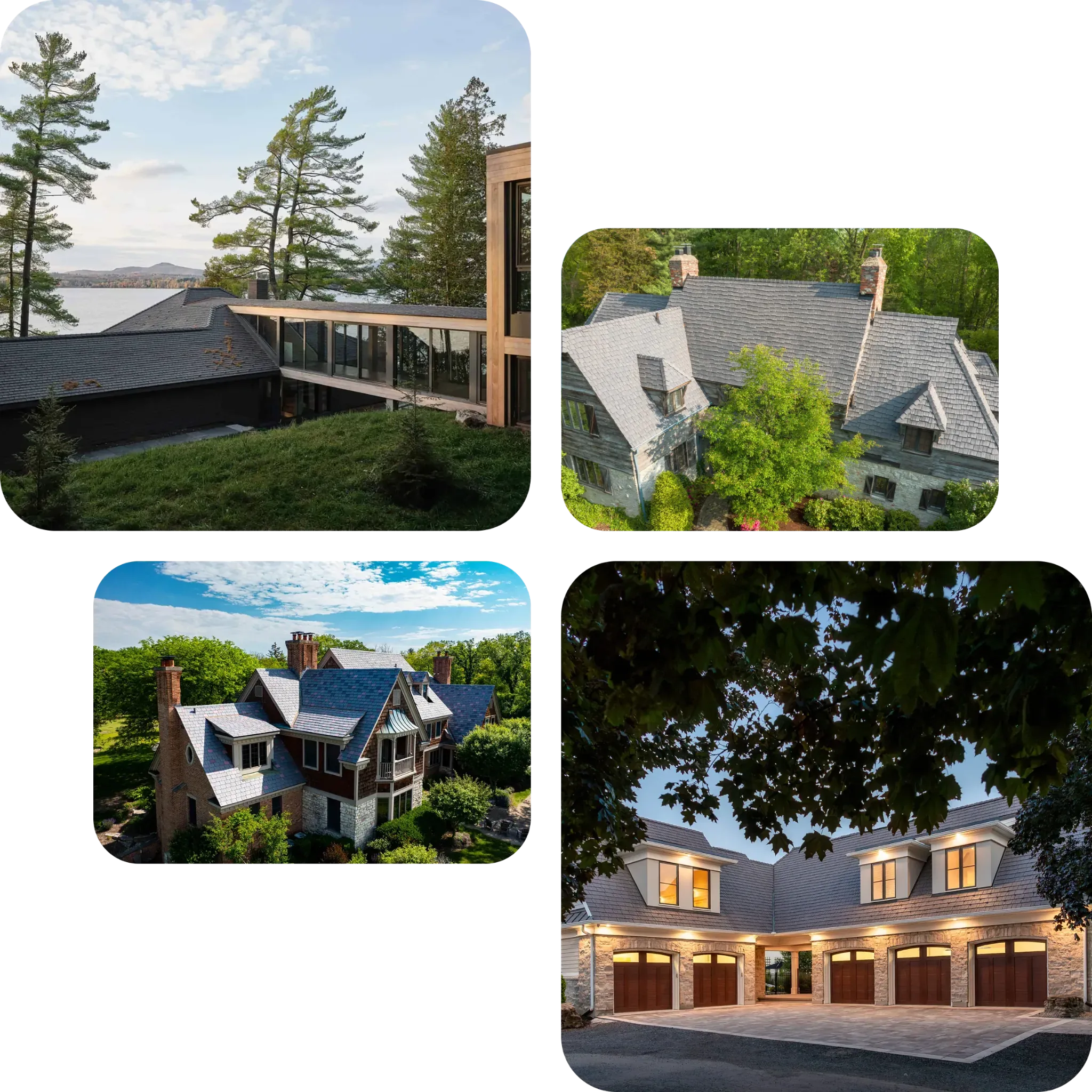 Four roofing project photos showing a lakeside home, gabled houses and a stone garage with dormers.