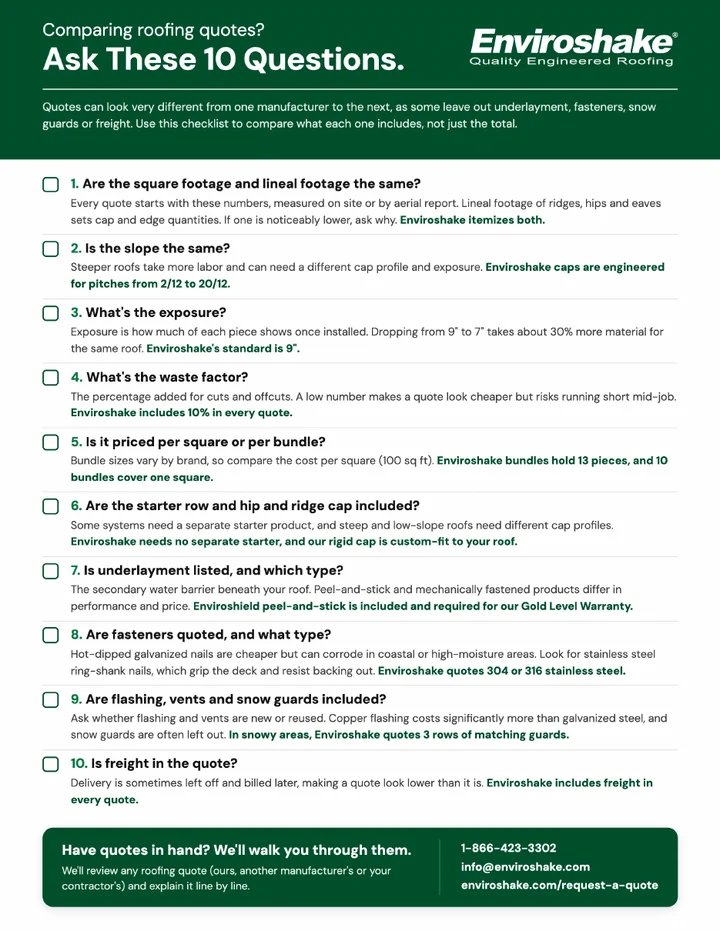 Preview of the Enviroshake roofing quote comparison checklist.