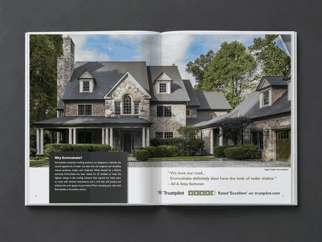 Pages of the Enviroshake brochure showing homes with Enviroshake roofs
