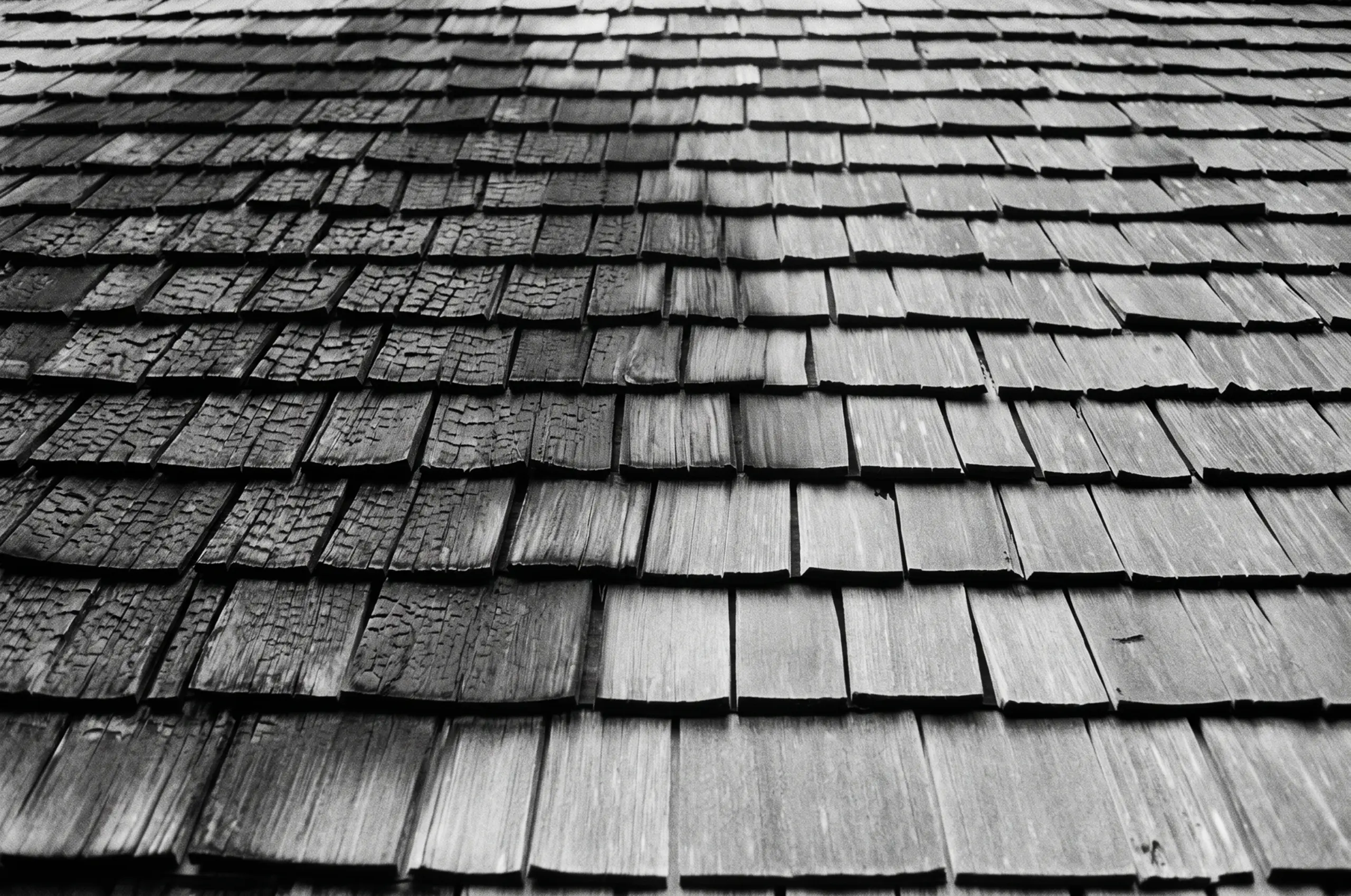 Cedar shake roof heavily charred and blackened by fire damage