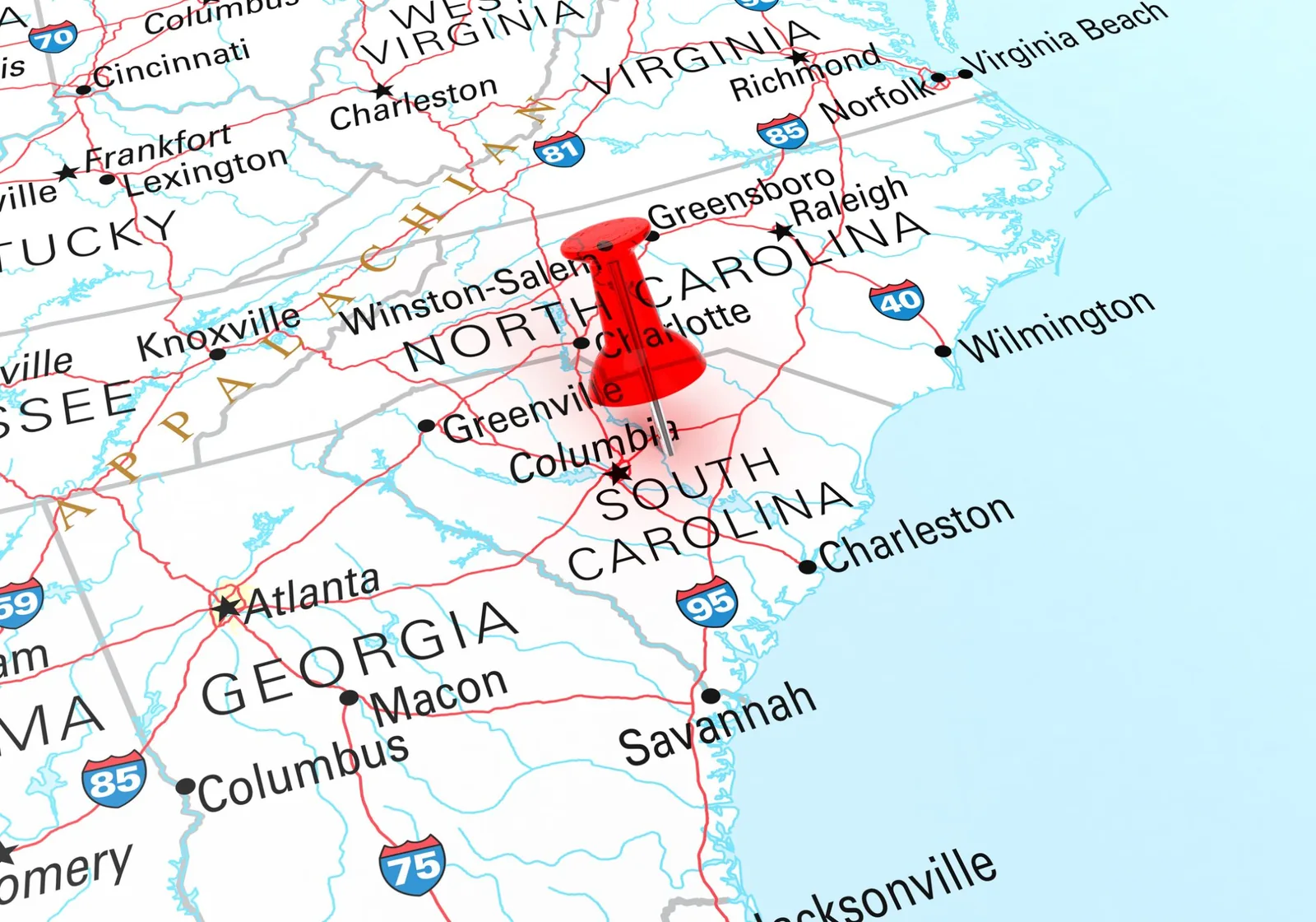 Map showing North Carolina and South Carolina with a red location pin