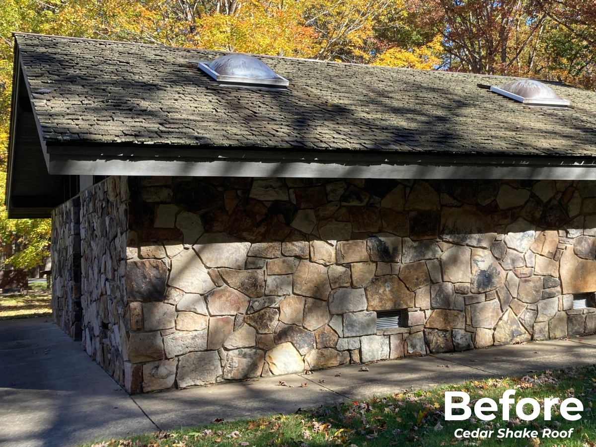 Before and after image showcasing a cedar replacement with Enviroshake
