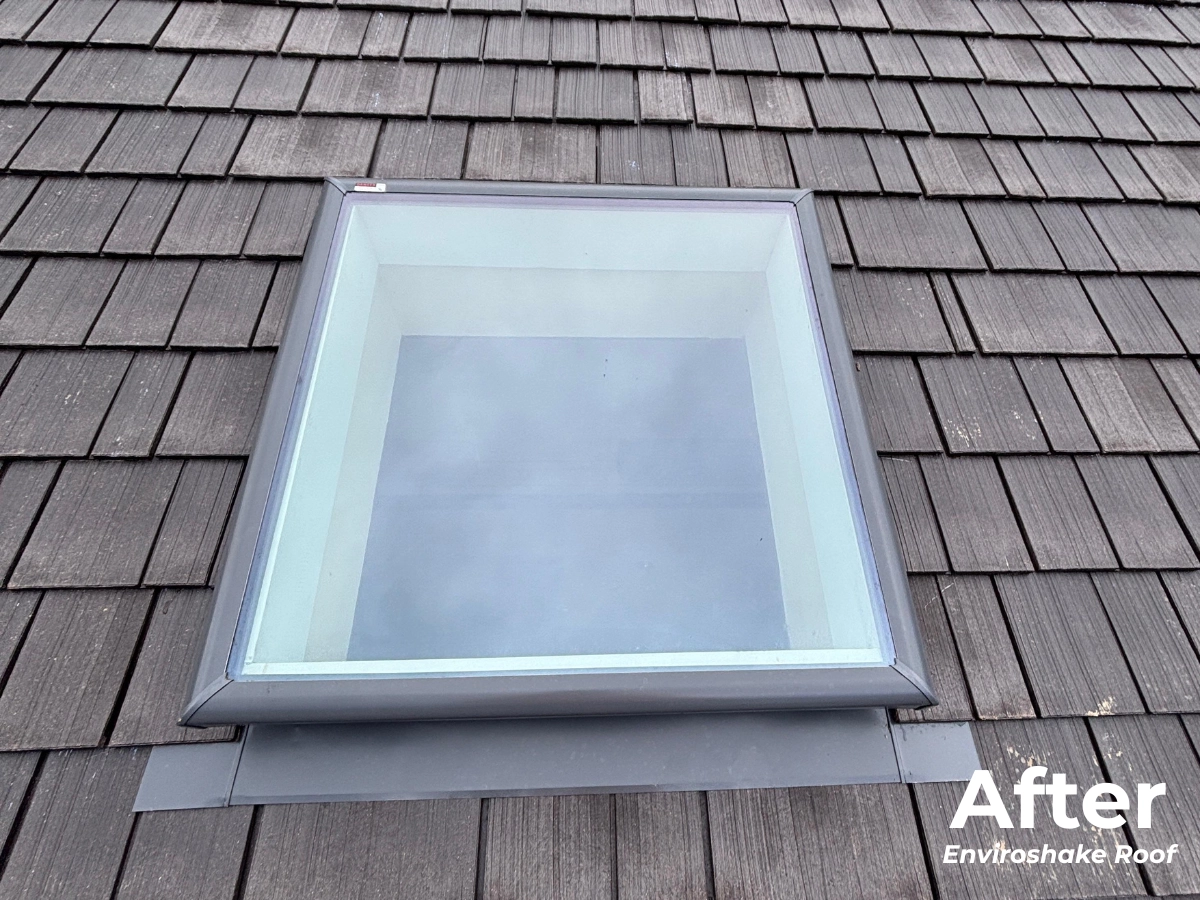 Skylight on a new Enviroshake roof after installation at Sherando Lake Recreation Area