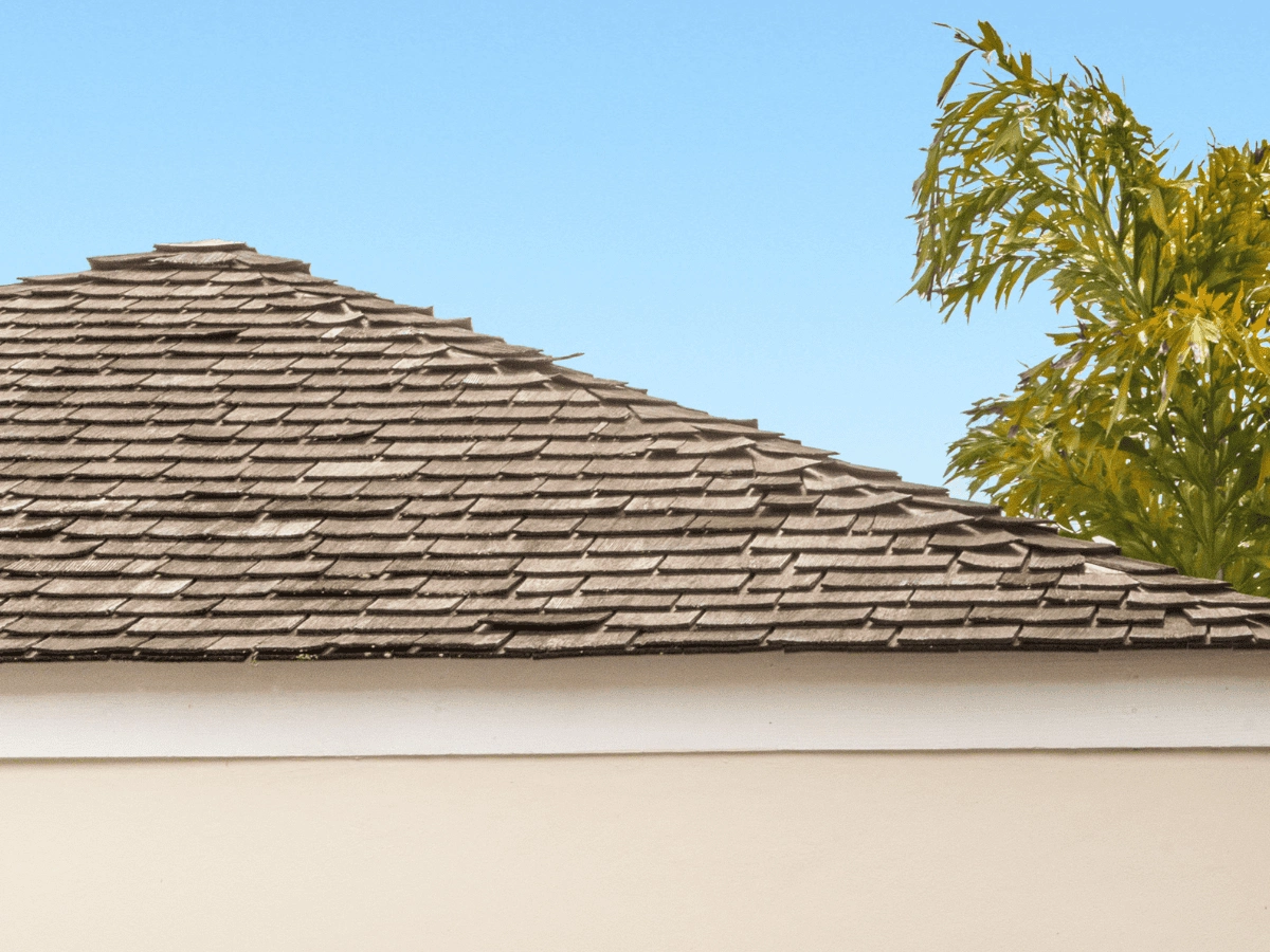 Close-up of a weathered cedar shake roof showing cupping and warping of individual shingles, against a clear blue sky.
